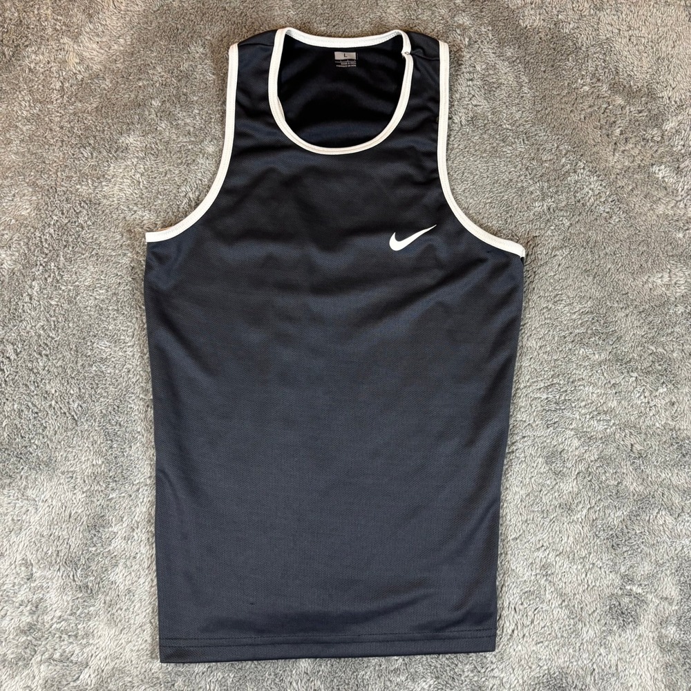Nike Mens Mesh Tank Top Black White Swoosh Athletic Running Singlet Size L